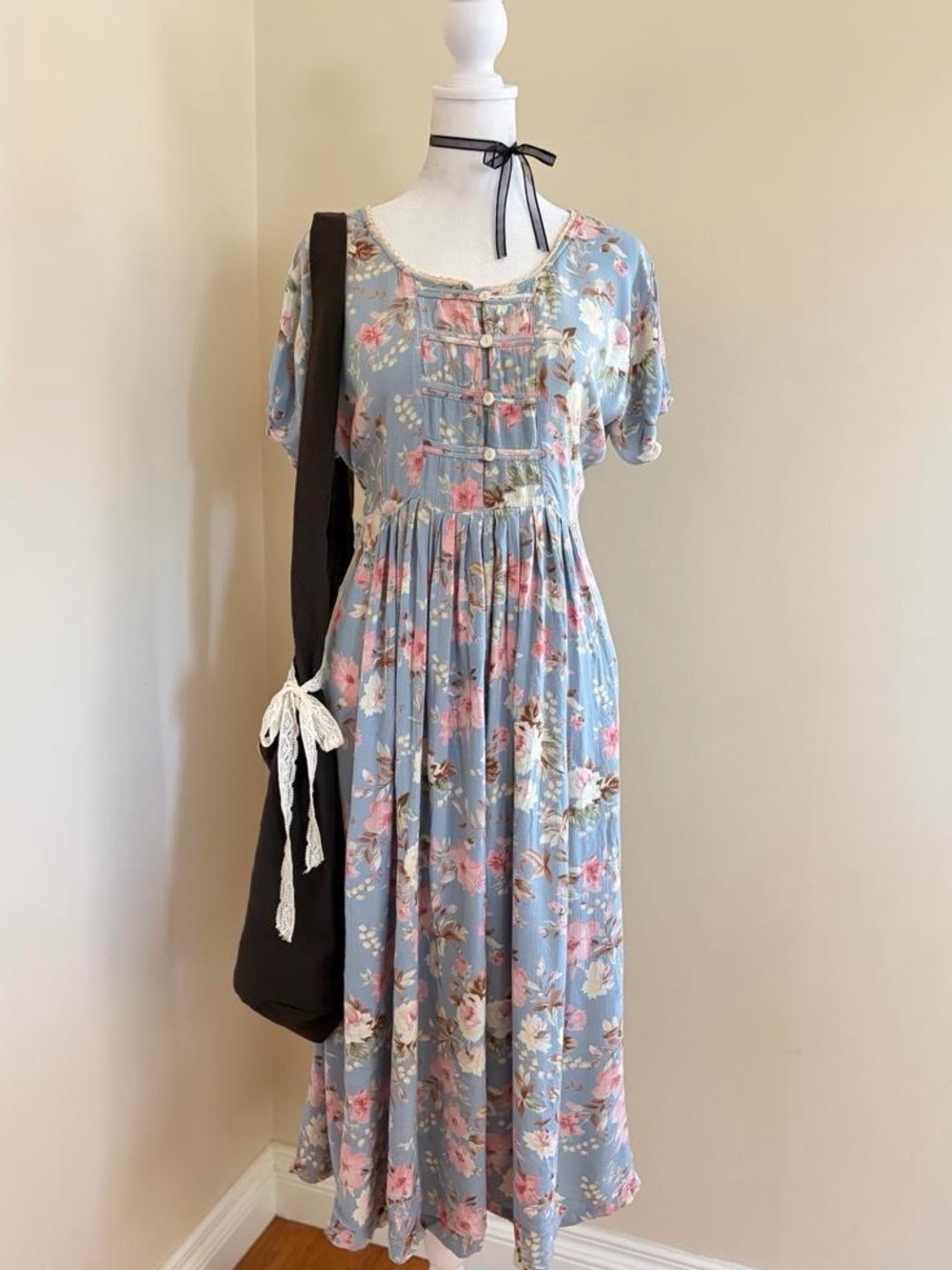 Vintage 90s floral lace babydoll cottagecore blue midi dress 80s girly country L